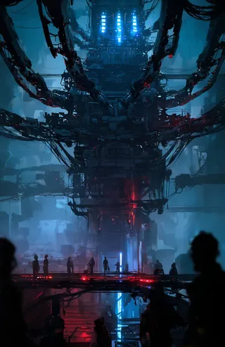 Dark cyberpunk industrial scene featuring a large mechanical structure with glowing blue lights and multiple robotic arms, silhouetted figures on a platform, illuminated with blue and red dim lighting.