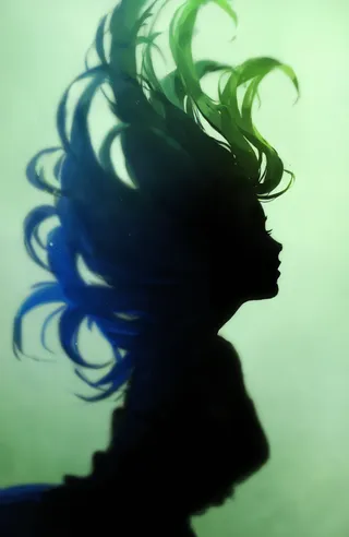 Digital drawing of a silhouetted woman with long, wild flowing hair in shades of green and blue against a softly lit pale green background, her face obscured in shadow.