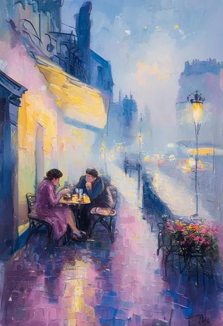 Impressionist painting of a dimly lit night cafe with a woman sitting and sipping wine, viewed against a bustling plaza outside under dark lighting.