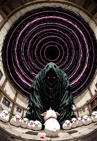 A dark hooded figure with glowing red eyes leans over a group of small white creatures called poros, set against a fisheye distorted circular purple vortex background with a wooden interior room.
