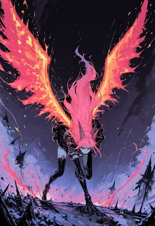 Character with fiery orange wings and long hot pink hair crouching in a dynamic pose over a dark, cracked ground with a purple and blue smoky background.