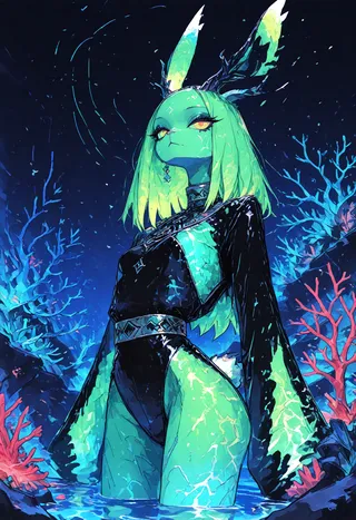 A glowing india-green jackalope character with long ears and antlers in a dynamic pose, standing in water surrounded by blue and coral-colored plant life under a dark night sky.