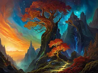 A vivid fantastical landscape featuring towering autumnal trees with fiery red and orange leaves intertwined with glowing cosmic nebulae, set against dramatic mountain peaks and a colorful sunset sky.