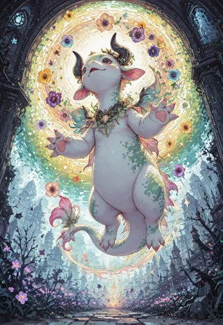 A cute fantasy creature with small horns and floral patterns floats in a glowing circular aura surrounded by colorful magical flowers in a fantasy landscape with ruins.