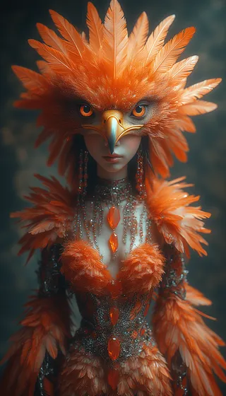 A fantasy portrait of a woman wearing an intricate bald eagle mask with bright orange feathers and crystal jewelry, dressed in a detailed costume with feathers and beads.