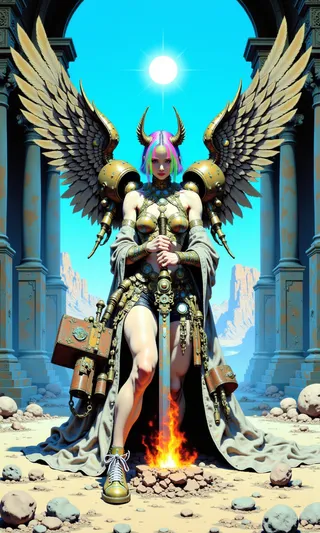 A post-apocalyptic angel with large mechanical feathered wings and holographic rainbow hair stands in a shattered desert temple, holding a sword rising with flames.