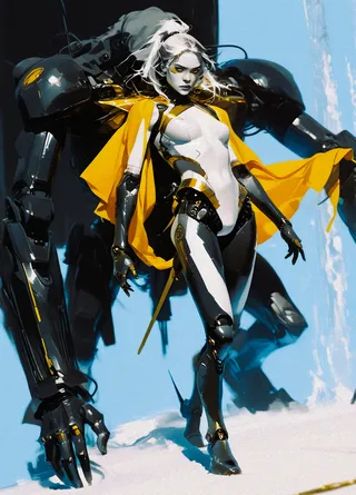 A striking android woman with white hair and robotic limbs wearing sleek mecha armor and a flowing yellow cape stands against a bright blue background, accompanied by a large mechanical figure.