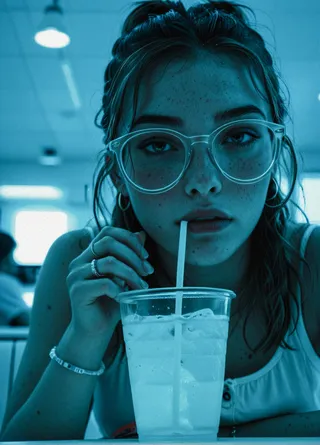 Close-up photorealistic portrait of a girl with freckles and glasses drinking soda through a straw, under blue-tinted colored lighting with a blurry background.