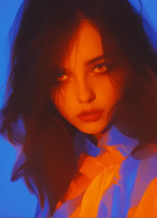 Close-up digital illustration of a young woman with heterochromia, featuring one blue eye and one red eye, illuminated by electric blue and fiery orange split-complementary lighting.