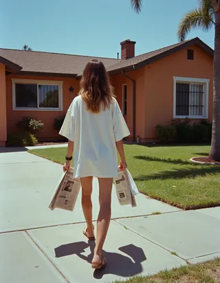Woman in an oversized white t-shirt walking on a suburban sidewalk carrying newspapers, in front of an orange stucco Los Angeles house with palm trees and a blue sky.