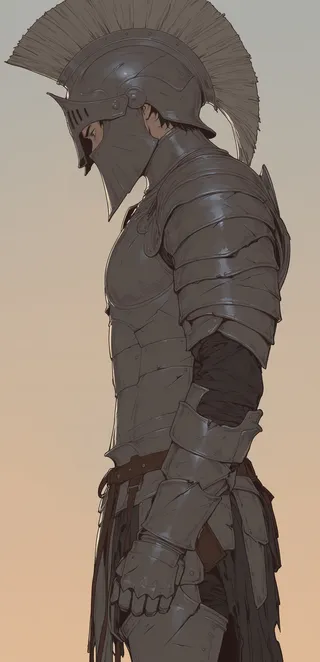 Side view of an ancient warrior wearing battle-damaged Greek armor including a Corinthian plumed helmet, cuirass, gauntlets, and greaves, posed heroically looking down against a gradient background.