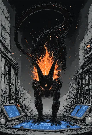 A black dragon with glowing orange flames on its head, poised in a dynamic crouch within devastated ruins surrounded by glowing blue blueprint screens.