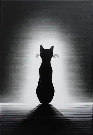 Minimalist oil painting of a cat silhouette with symmetrical composition and clean lines, set against a black background.