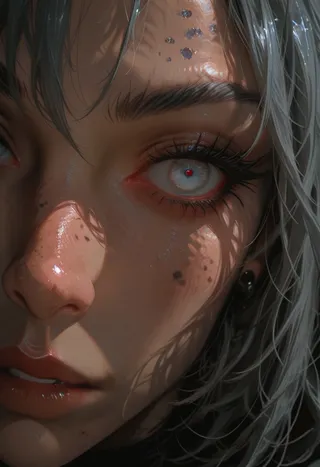 Close-up of a beautiful woman with large blue gray eyes, detailed iris, freckles, glossy skin, and dramatic speckled lighting on her face.