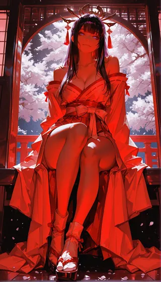 A miko wearing a red and white kimono with exposed shoulders and cleavage, sitting with a sexy leg view beneath cherry blossoms at night, illuminated by cinematic lighting.