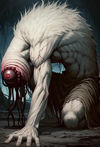 A giant werewolf-like eldritch abomination with white fur in a dynamic fighting pose, one arm on the ground, wearing ripped clothes, in a dark, eerie forest setting.