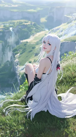 Anime girl with long white hair and blue eyes sitting on grass near a cliff, looking back and smiling with a scenic landscape in the background.