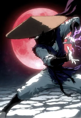 A ninja dressed in torn traditional clothes wearing a wide rice hat stands in a defensive karate stance on a stone floor, with glowing white eyes and purple electricity emitting from his hands against a large red moon background.