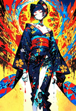 A cybernetic geisha wearing a traditional kimono with neon circuit details, surrounded by vibrant psychedelic and ink splash art.