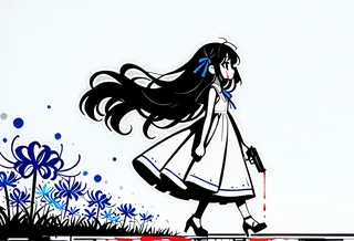 Side profile of a girl with long black hair and ribbons, wearing a white dress and high heels, holding a handgun dripping with blood, standing near blue spider lilies on a white background.