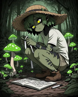 A green-skinned girl with yellow eyes and a straw hat crouches in a forest, measuring an unusual green mushroom with a tape measure next to a notebook and marker.