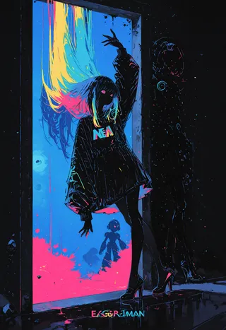 Silhouette of a female character with flowing hair and neon highlights standing in a doorway with a colorful blue and pink splash background, showcasing a dynamic pose in high heels and an oversized shirt