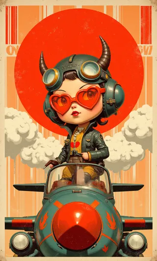 Kawaii demon pinup bomber girl with tiny horns, heart-shaped aviator glasses, and oversized leather jacket seated on a toy war machine with a bold red circular backdrop and stylized explosive clouds.