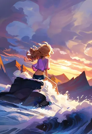 Rear view of a woman with curly windswept hair sitting on a rocky mountain top, wearing a pink tee and denim shorts, with a magical valley and sunset sky in the background.