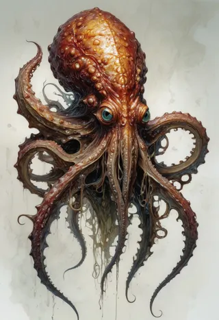Detailed fantasy concept art of an octopus monster with iridescent skin, large blue eyes, and intricately textured tentacles on a white background.