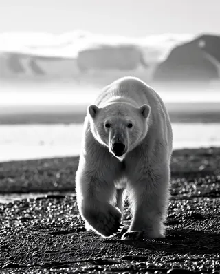 Black and white photo of a polar bear walking on a rocky beach at sunrise with a misty icy landscape and distant mountains in the background.