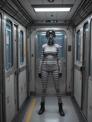 Person in grey striped prisoner suit and futuristic helmet standing inside metallic subway car with volumetric lighting effects