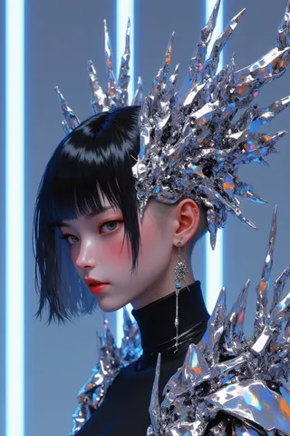 Close-up portrait of an Asian woman with pale skin and sleek black bob hairstyle wearing an avant-garde chrome silver headdress with sharp crystalline spikes, illuminated by electric blue neon lights in the background.