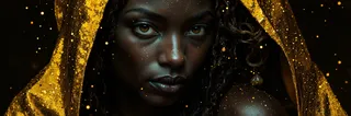 Close-up portrait of a dark-skinned woman with golden glitter and waterdrops on her skin, surrounded by golden sparkles and warm lighting.