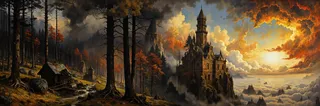 A dramatic fantasy landscape featuring an ancient castle atop a rocky cliff surrounded by autumn forest and illuminated by a glowing sunset with dynamic clouds.