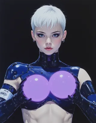 Portrait of an albino female with short white hair and blue eyes wearing glossy blue armor, holding two glowing purple balls, set against a dark background.
