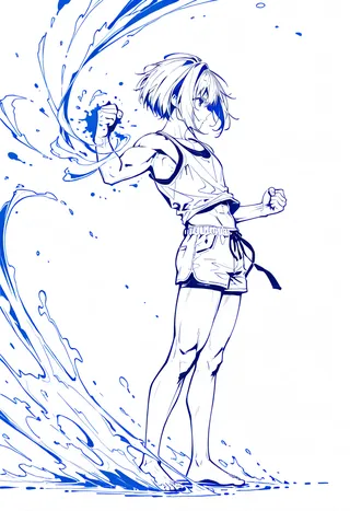 Monochrome drawing of Amane Kanata standing barefoot in a tank top and shorts with clenched fists, surrounded by dynamic blue ink splash effects