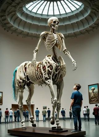Detailed centaur skeleton exhibit in a museum with visitors observing