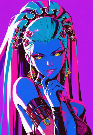 Vivid anime-style portrait of Daki with blue skin and yellow eyes against a purple background, featuring long pink nails and elaborate hair decorations.