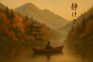 Calm wooden rowboat on a lake with a Zen temple resembling Ginkaku-ji nestled among autumn trees, surrounded by misty mountains and Japanese calligraphy.