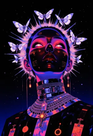 A regal woman with obsidian-black cybernetic skin adorned with glowing crimson runes and violet glowing eyes, surrounded by white biomechanical moths and wearing a silver-plated crown and metallic collar.