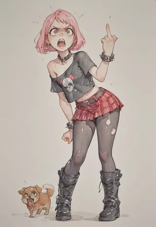 Watercolor illustration of a punk girl with pink bob haircut wearing a black skull-print cropped t-shirt, red plaid skirt, ripped black tights, and combat boots, showing a middle finger while holding an angry small dog.