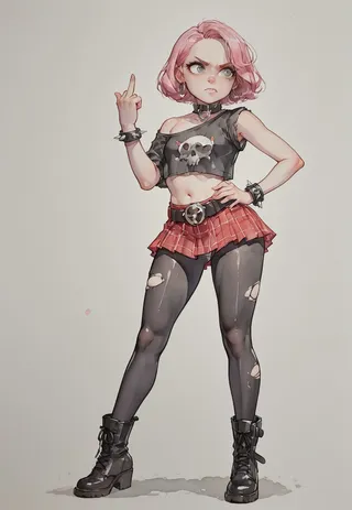Full-body portrait of a punk girl with short pink hair wearing a black crop top with a skull print, red plaid skirt, torn black tights, and black boots, showing an expressive defiant pose with middle finger raised.