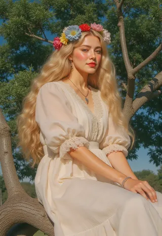 A vintage style portrait of a woman with long golden hair and a colorful floral wreath on her head, sitting gracefully on a tree branch surrounded by lush green foliage.