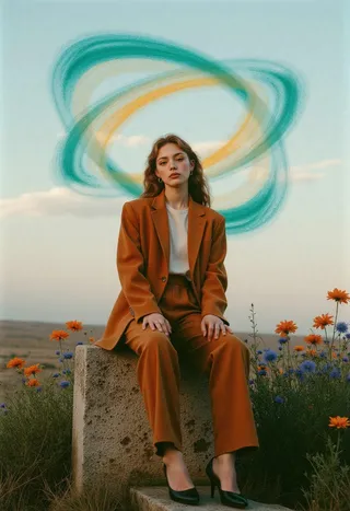 Young woman with auburn hair in a copper-toned suit sitting on a weathered stone pedestal surrounded by vibrant orange and blue flowers, with a luminous teal and gold infinity symbol swirling behind her against a warm, dreamy sunset sky.