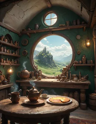 Rustic breakfast table with steaming tea pot and pie in Bag End, the Shire, seen through a large round window showcasing a green mountainous landscape under bright sky.