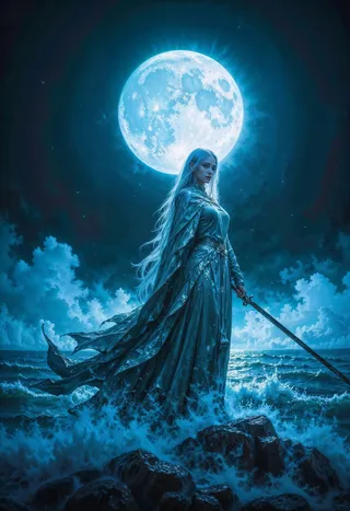 A majestic water goddess stands on rocky ocean shore holding a katana, illuminated by a glowing full moon and surrounded by crashing waves and mist.