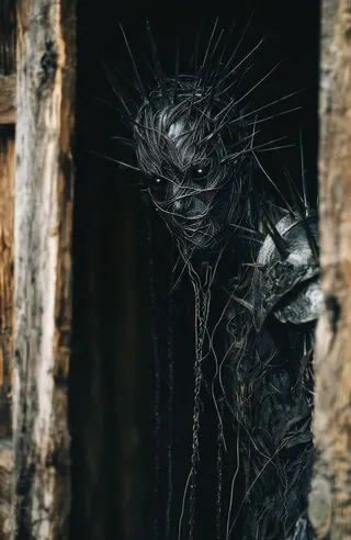 Dark eerie figure with twisted metallic appearance, black spiked crown, glowing eyes, and metal wire mask standing in a dimly lit rustic wooden doorway.