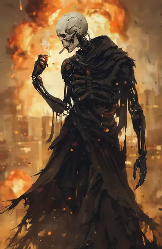 A futuristic skeletal humanoid robot with a white skull head and black mechanical frame, wearing a tattered black cloak, lighting a cigarette with explosions in the background.