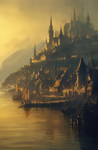 Intricate digital painting of a medieval coastal city built on a hill with tall gothic spires, warm golden sunset light reflecting on calm waters and boats docked at a stone pier under misty sky.