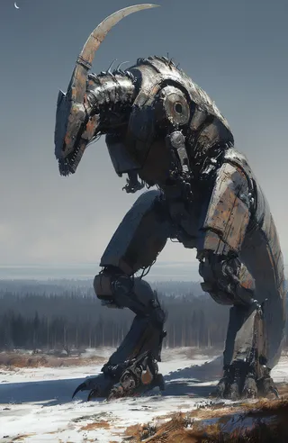 A massive mechanical dinosaur-like creature with a long curved metallic horn stands in a snowy and frozen forest under an overcast sky with a crescent moon visible.
